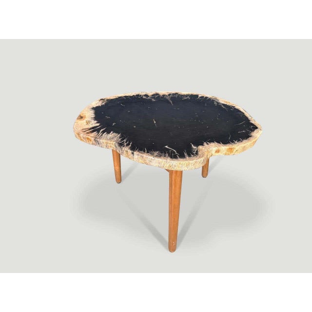 "Striking contrasting colors on this palm petrified wood slab top resting on a natural teak wood minimalist base. The slab...