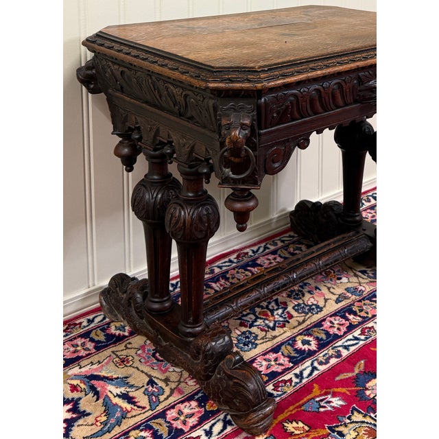 Traditional Antique French Dolphin Table Desk Renaissance Revival Petite Drawer Oak c.1890s For Sale - Image 3 of 12