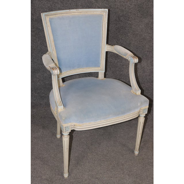 Pair of French Louis XVI Style Creme & Blue Paint Decorated Armchairs C. 1930's For Sale - Image 11 of 15