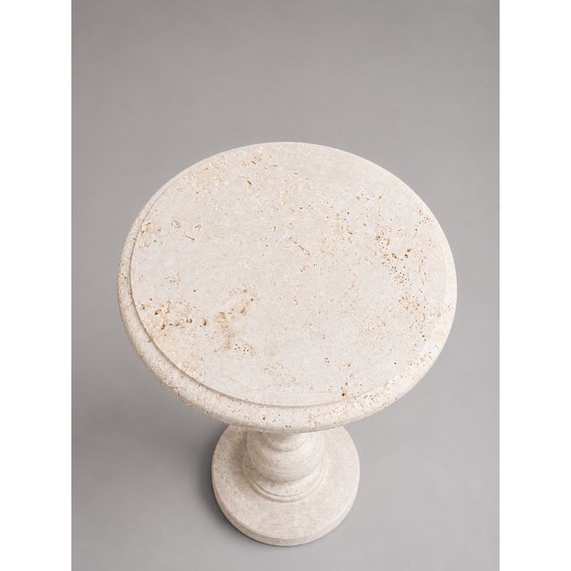 Stone Handcrafted Travertine Pedestal Side Table, 15" Round X 24"h | Stone Drink & Accent Table For Sale - Image 7 of 9