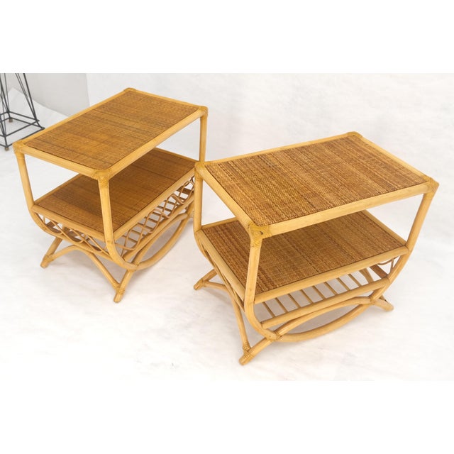 Pair Rattan Bamboo Grass Cloth Top Two Tier End Side Tables Stands Magazine Rack For Sale - Image 11 of 14