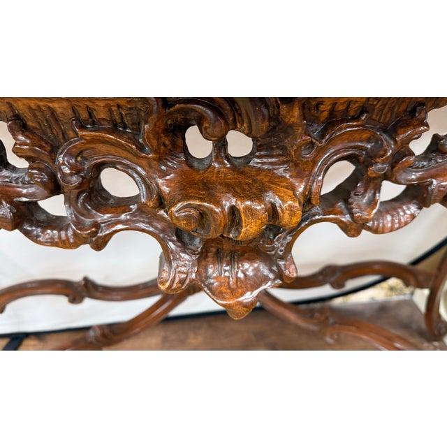 Early 20th Century Rococo Style Marble Top Carved Walnut Console Table For Sale - Image 5 of 6