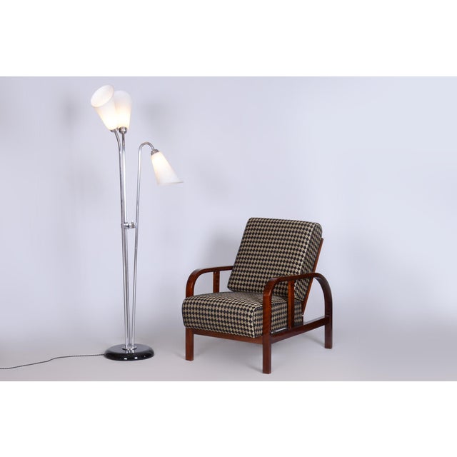 Czech Art Deco Floor Lamp in Chrome, Opal Glass and Lacquered Wood, 1930s, in Restored conditions. Designed 1920 to 1949...