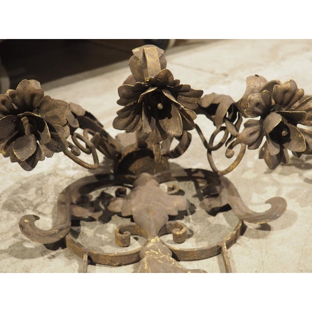 Set of Four Vintage French 3-Arm Iron and Tole Sconces, Distressed Gilt Finish For Sale - Image 10 of 18