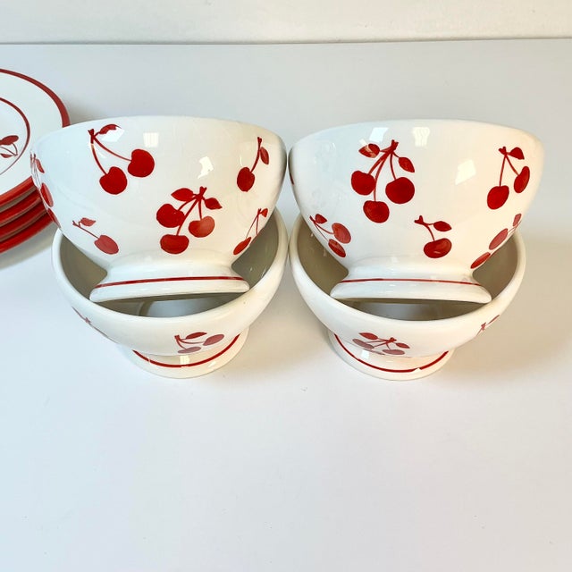 Ruby Red Vintage Art Deco Boho Chic Cherries Jubilee Salad Plates & Bowls - Set of 8 For Sale - Image 8 of 12