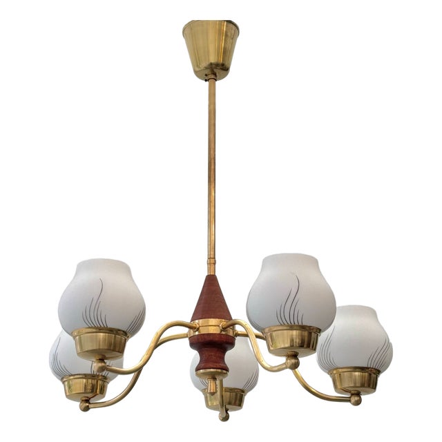 Scandinavian Modern Chandelier in Brass and Glass, Sweden, 1940s For Sale
