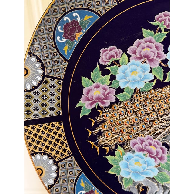 Navy Blue Made in Japan Mid-Century Peacock Motif Decorative Plate For Sale - Image 8 of 15