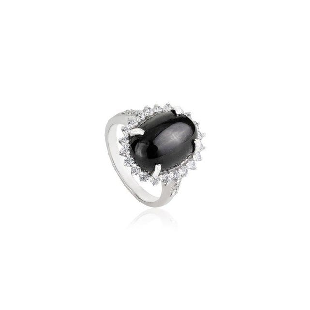 Not Yet Made - Made To Order Black Star Gemstone Cocktail Ring With Halo Zircons - Size 7.5 For Sale - Image 5 of 12
