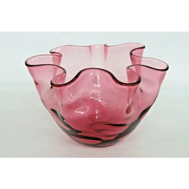 Bright Pink Fenton Thumbprint Style Cranberry Pink Glass Ruffled Rose Bowl Vase For Sale - Image 8 of 11