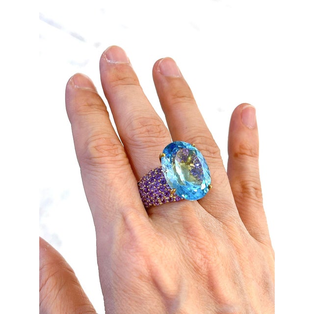 Bochic "Orient" Vintage Blue Topaz & Pink Sapphire Cocktail Ring 18K Gold & Silver Natural Oval Blue Topaz - 9 Carat...