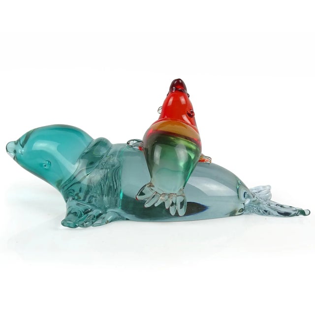 Vintage Murano Seguso Vetri d'Arte Sommerso Red Aqua Blue Purple Italian Art Glass Mom Baby Seals Sculpture For Sale - Image 9 of 11