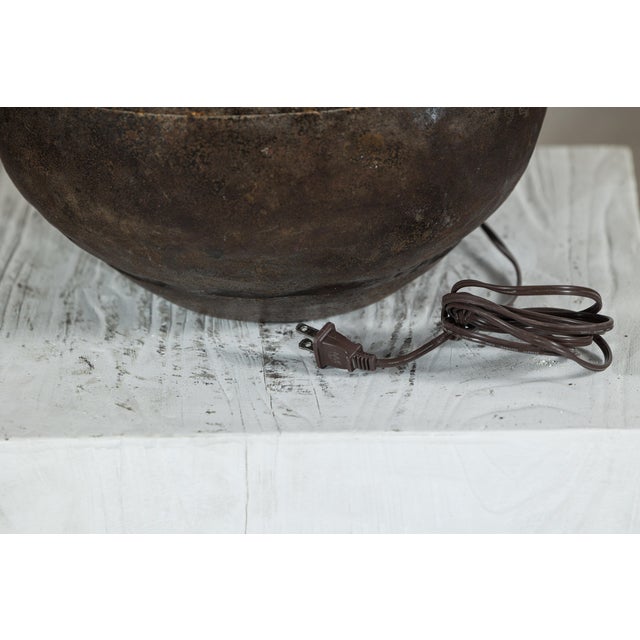 Vintage Indian Metal Jug Converted to Table Lamp with Hand-Painted Script For Sale - Image 4 of 16