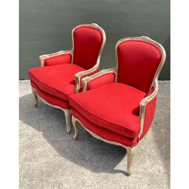 Vintage Carved Wood Upholstered Bergere Chairs - A Pair For Sale - Image 4 of 12