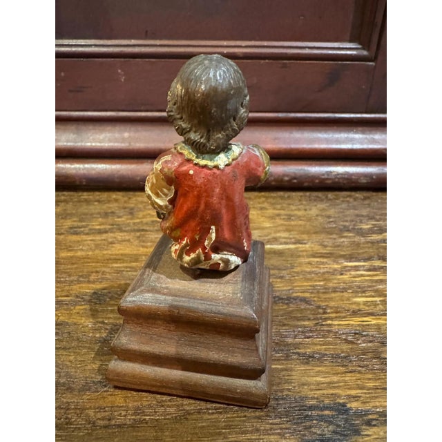 18th Century 18th Century Polychromed Wooden Santos Sculpture- Christ Child Holding a Sparrow- On Stand For Sale - Image 5 of 10