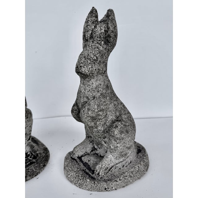 French Country Composition Stone Garden Rabbit Sculptures With Weathered Patina, Pair For Sale - Image 3 of 14