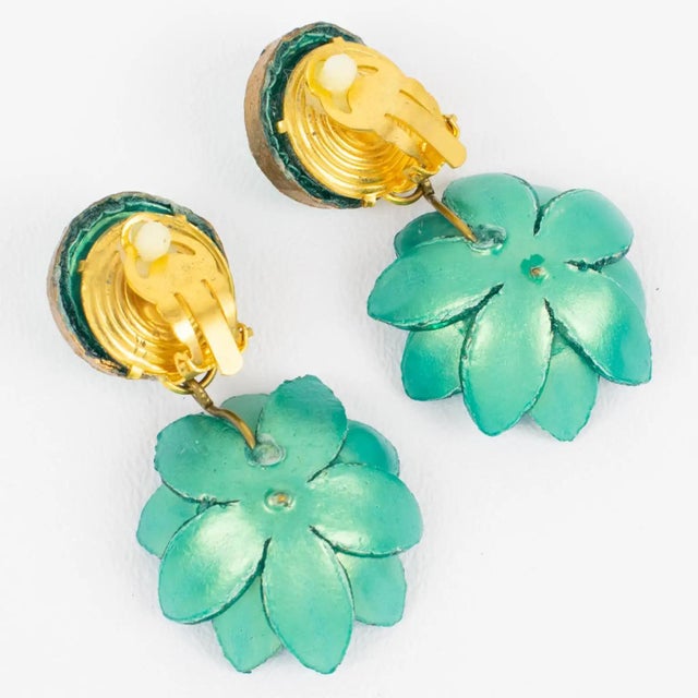 2000 - 2009 Francoise Montague Earrings Turquoise Green Flowers For Sale - Image 5 of 6