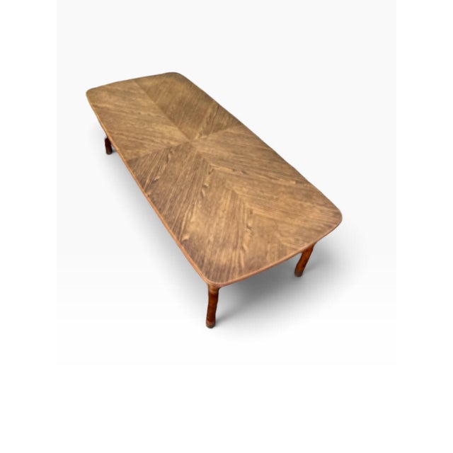 Vintage Faux Bamboo Fruitwood Cocktail Table With Geometric Veneer Top For Sale - Image 10 of 11