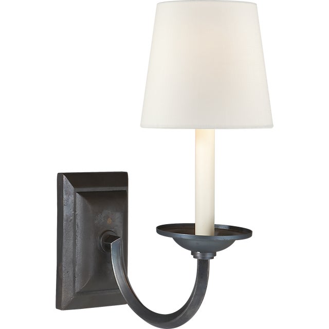 Flemish Single Sconce in Aged Iron with Linen Shade Designer: Chapman & Myers Finish: Aged Iron Height: 15.25" Width: 6.5"...