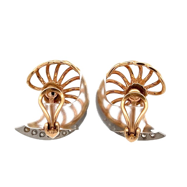 1950s American Two-Tone Gold Pearl and Diamond Fan Ear Clips, Pair For Sale - Image 4 of 11