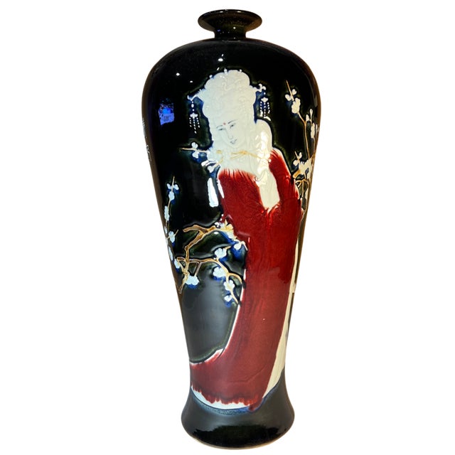 Vintage 23 In. Tall Black Porcelain Palace Vase Lady Courtesan in Enamel Relief For Sale - Image 14 of 18