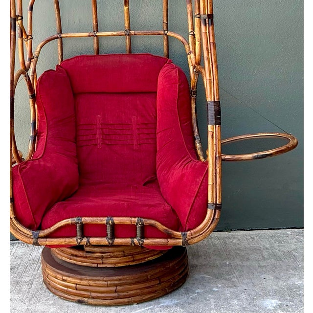 Wood Vintage Bent Rattan Swivel Lounge Chair With Flip Down Side Tables For Sale - Image 7 of 12