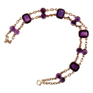 1940's 14k Rose Gold Faceted and Cabochon Fine Amethyst Link Bracelet For Sale