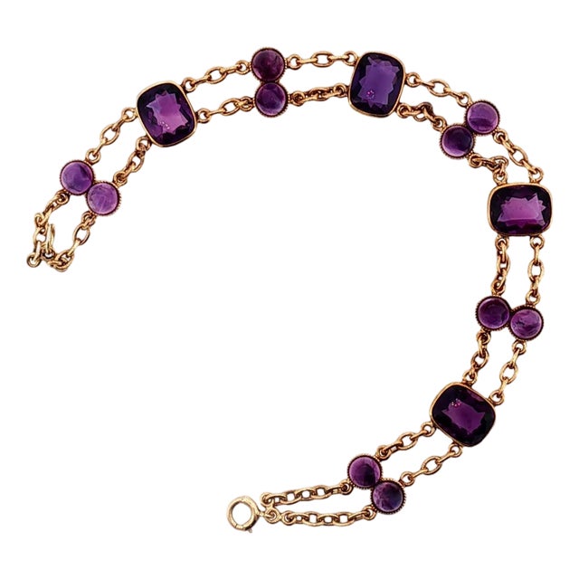 1940's 14k Rose Gold Faceted and Cabochon Fine Amethyst Link Bracelet For Sale