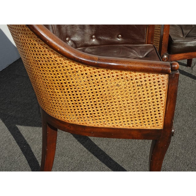 Pair Vintage Theodore Alexander Brown Tufted Leather and Double Cane