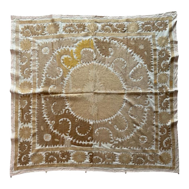 Suzani Wall Decor — Neutral Tan Uzbek Tablecloth, 4'6'' X 4'10'' For Sale