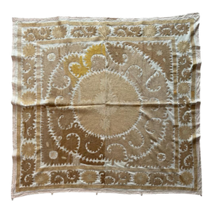 Suzani Wall Decor — Neutral Tan Uzbek Tablecloth, 4'6'' X 4'10''