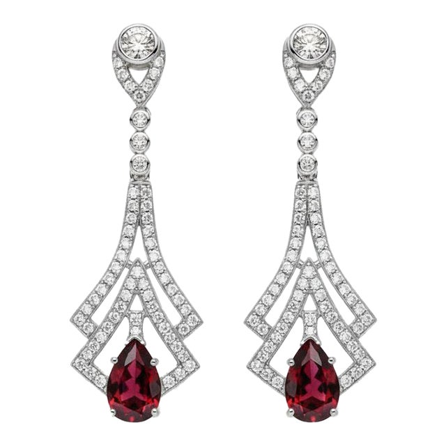 Art Deco Style Garnet and Colorless Topaz Drop Earrings Silver, Gold, A Pair For Sale