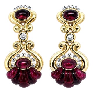18k Yellow Gold Drop Earrings With Rhodolite Garnets and Diamonds, Pair For Sale