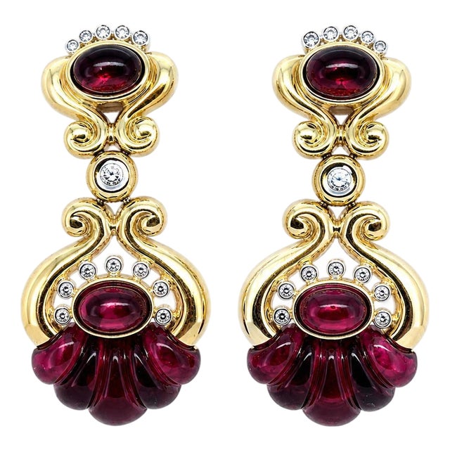 18k Yellow Gold Drop Earrings With Rhodolite Garnets and Diamonds, Pair For Sale