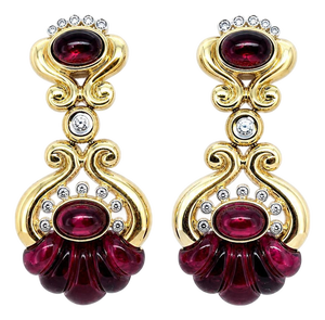 18k Yellow Gold Drop Earrings With Rhodolite Garnets and Diamonds, Pair