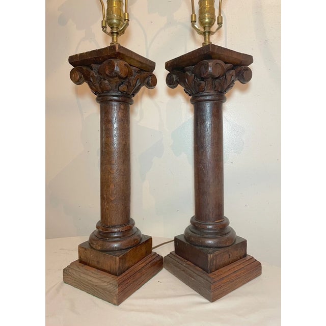 Up for sale is a wonderful pair of antique 19th century architectural salvaged figural table lamps. These lovely column...