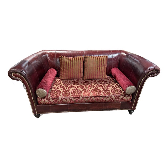 Hickory Red Leather Sofa With Four Pillows For Sale