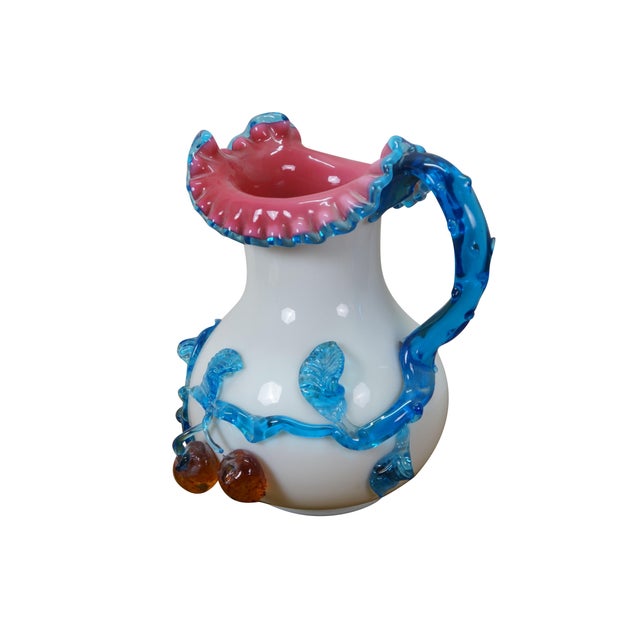 Victorian Antique Bohemian Uranium Custard Glass Ruffled Clambroth Cherry Pitcher 9" For Sale - Image 3 of 14