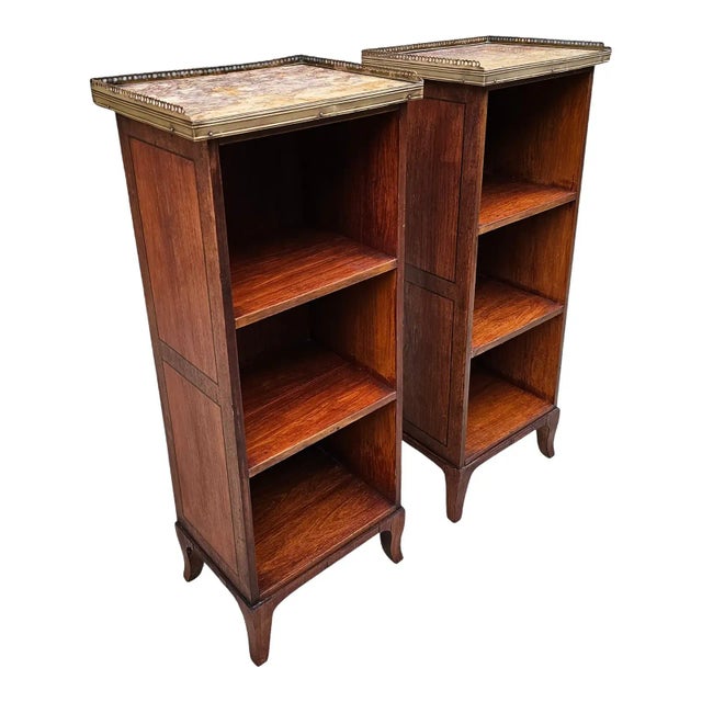 French Antique Pair of 19th Century Slender French Directoire Style Mahogany Marble Topped Diminutive Open Bookcases For Sale - Image 3 of 11