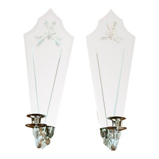 Pair of 1990s Etched Mirrored Candle Wall Sconces For Sale