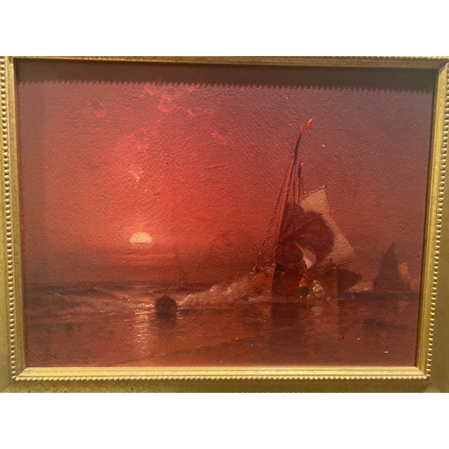 George Washington Nicholson 1832-1912 Original Oil on board Striking sunset over the water with two sailboats. Signed...