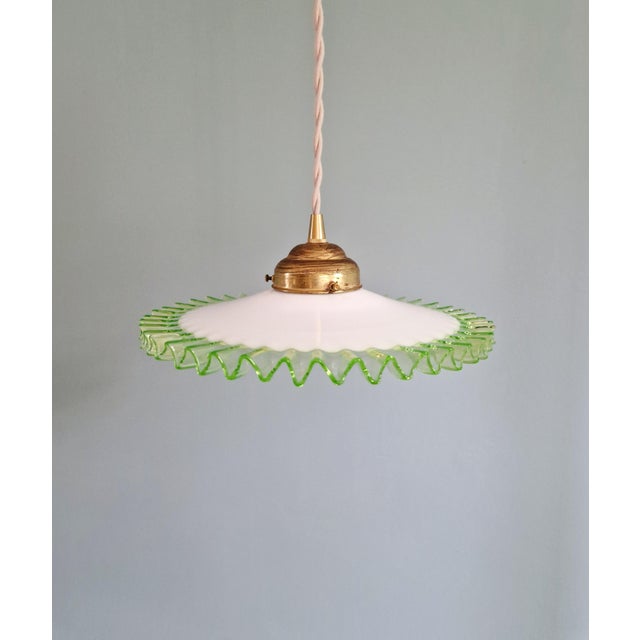 Art Deco Pendant Light in White Opaline Glass and Uranium Glass, France, 1920s For Sale - Image 12 of 12