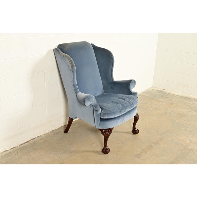 Kindel Furniture Kindel Furniture Chippendale Carved Mahogany Blue Velvet Upholstered Wingback Lounge Chair For Sale - Image 4 of 14