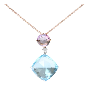 18K White and Rose Gold Round Diamond Accent and Round Rose De France Pink Amethyst and Cushion Cut