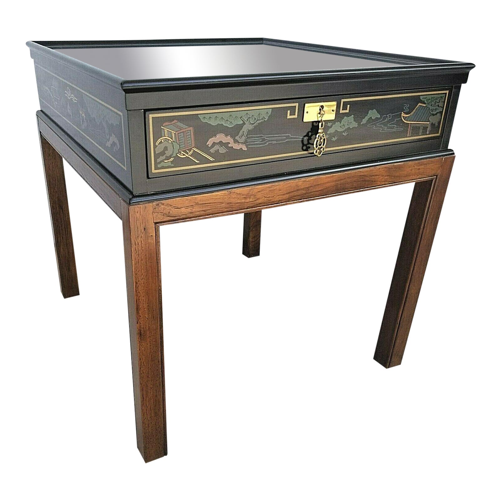 Chinoiserie Asian Style Drexel Wood Side End Table With Glass Top
