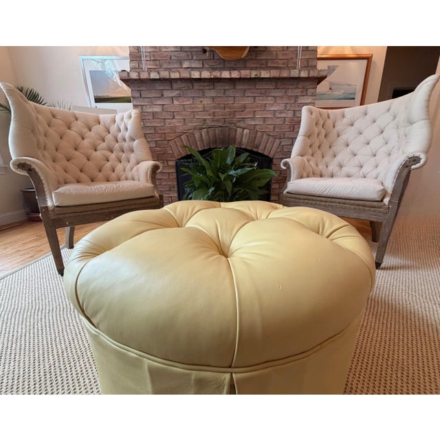 Traditional Custom Butter Yellow Tufted Leather Ottoman, Footstool For Sale - Image 3 of 18