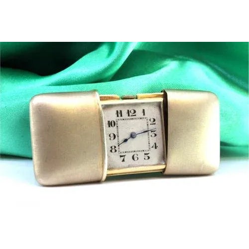 Silver Travel Watch with Gold Mechanical Movement For Sale - Image 9 of 9