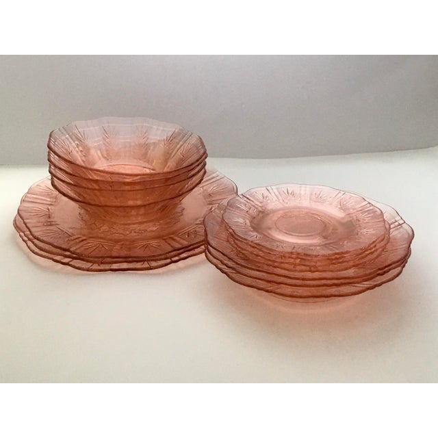 1940s Pink Floral Glass Dishes- Set of 14 For Sale - Image 11 of 12