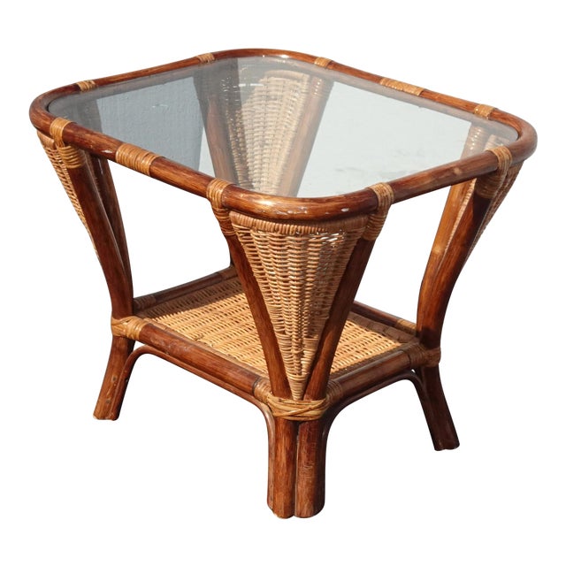 Vintage Coastal Style Bamboo Rattan Weave Glass Top Side End Table
