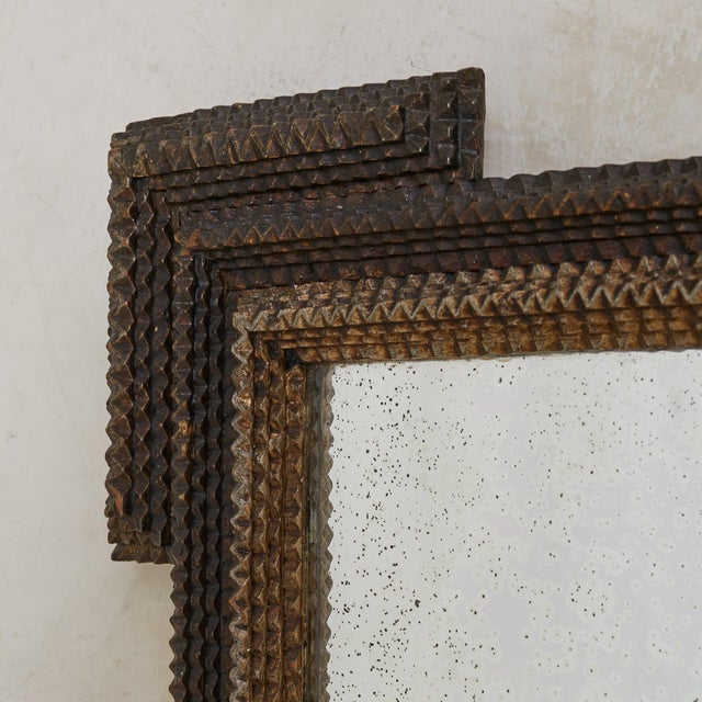Folk Art French Tramp Art Wall Mirror with Zigzag Frame, Late 19th-Century - For Sale - Image 3 of 11
