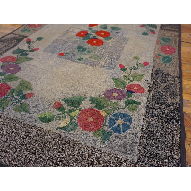 1930s Gray Floral Folk Art Antique American Hooked Rug 3 X 4'9" Handknotted Wool Carpet For Sale - Image 4 of 11